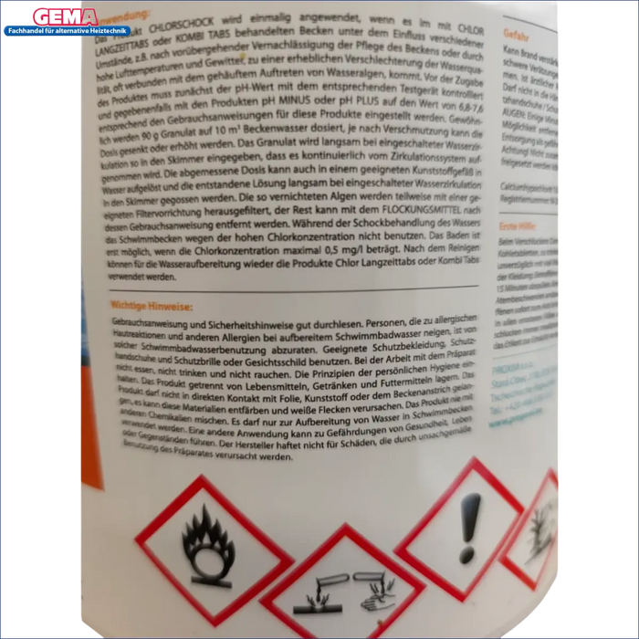 Poolchemikalienbehälter mit Gefahrensymbolen für Chlor Schock Granulat schnelllöslich