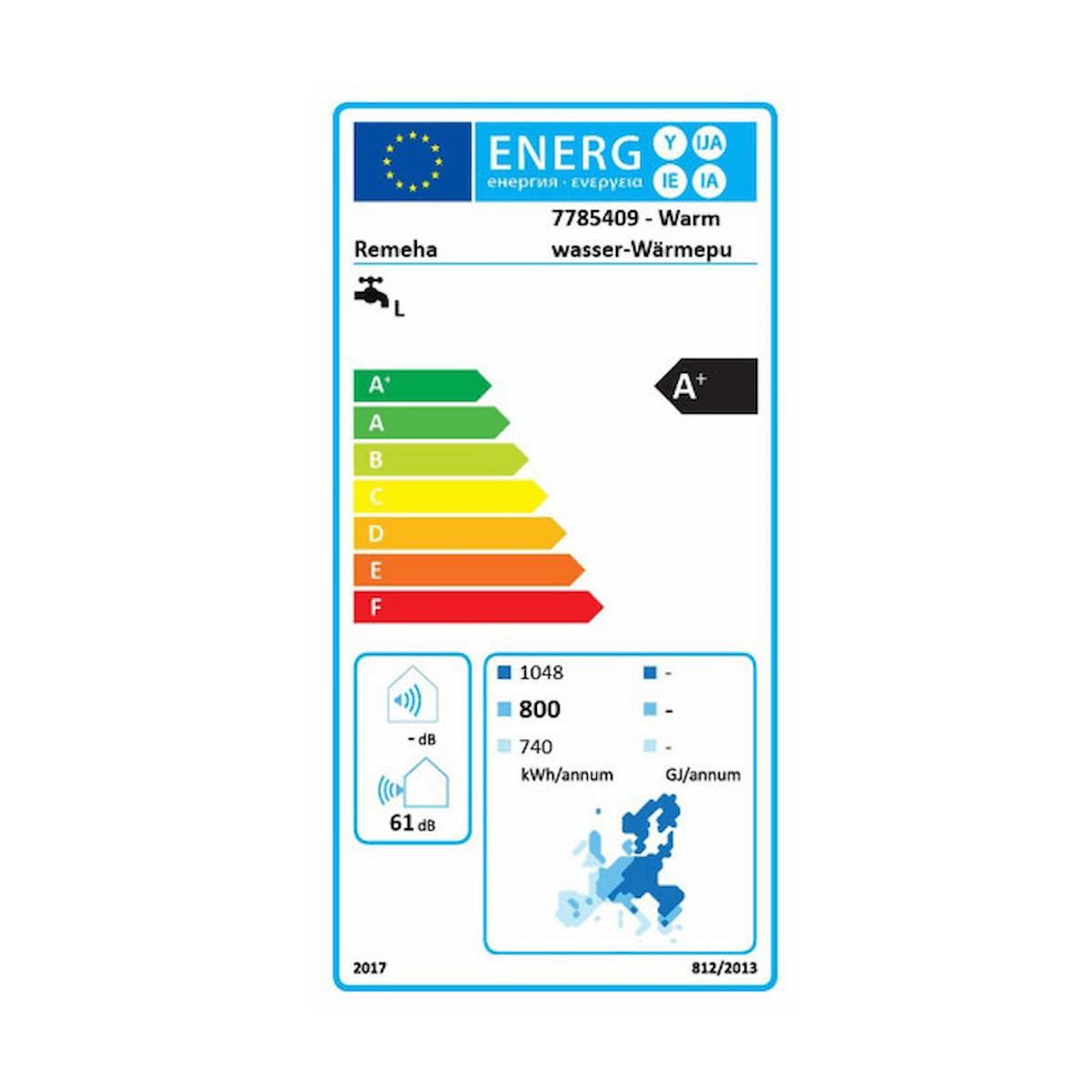 Energieverbrauchskennzeichnung für Remeha Warmwasser-Wärmepumpe, Effizienzklasse A+, Geräuschpegel 61 dB 📊🔋