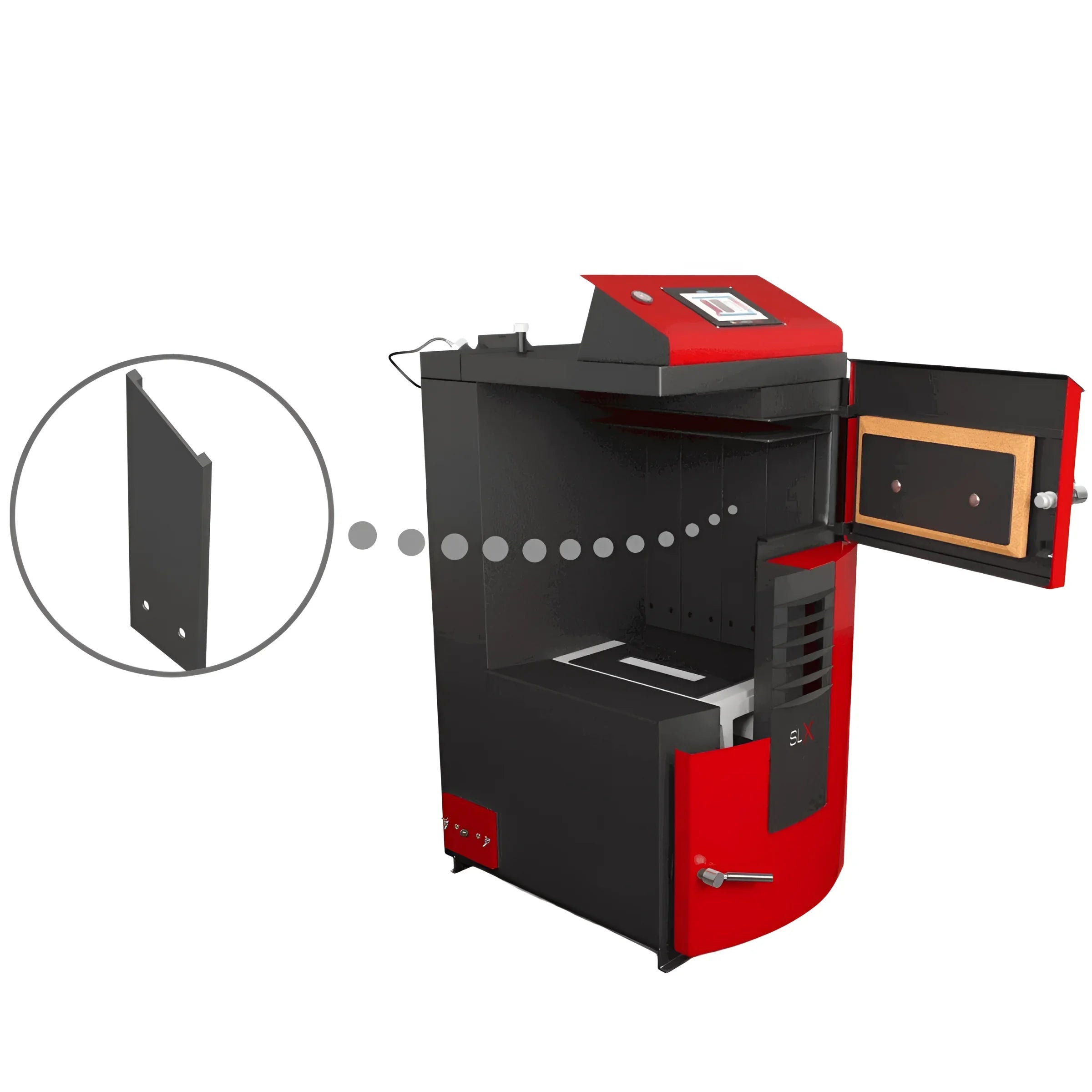 Reduxtes und schwarzes Holzvergaser mit offenem Tür, Attack SLX Profi Holzvergaserkessel 40 kW