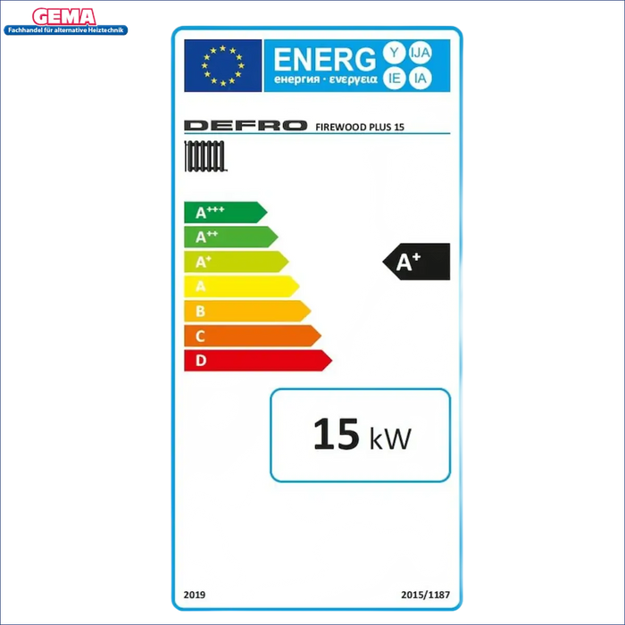 Energieeffizienzlabel für den Holzofen Defro Firewood Plus 15 kW