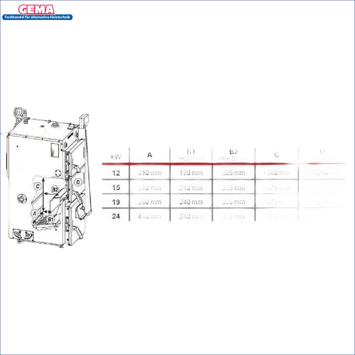 Technisches Diagramm mit Abmessungen für Defro Firewood Plus 15 kW Heizgerät