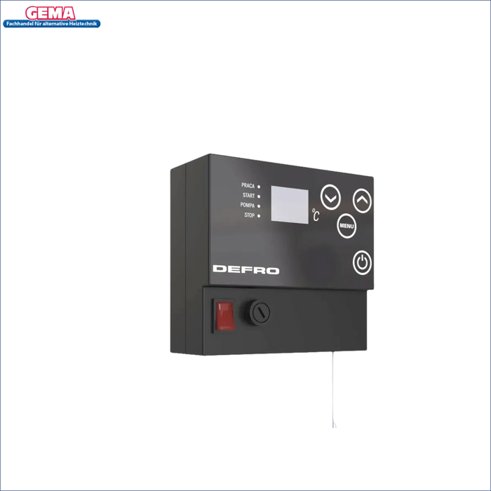 Schwarzes elektronisches Steuerfeld am Defro Firewood Plus 15 kW Heizgerät