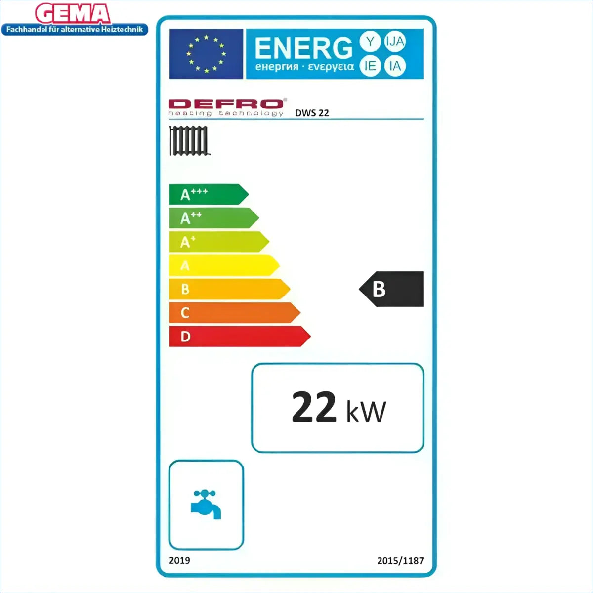 Energieeffizienz-Label für den Heizkessel Defro DWS 22 kW aus der Defro DWS Serie