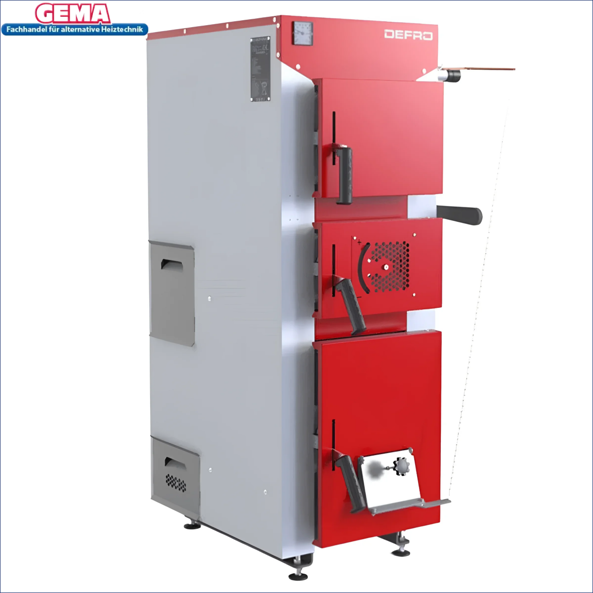 Red and grauer Festbrennstoffkessel Defro DWS 22 kW aus der defro DWS Serie