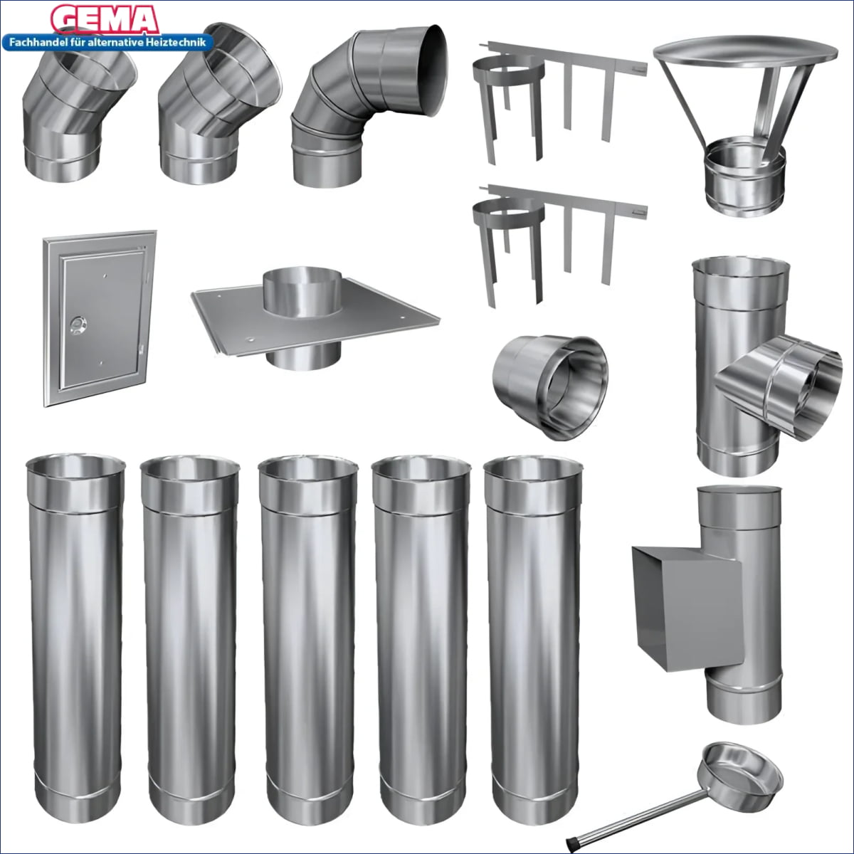 Assortiment von Metallschornstein-Komponenten für verschiedene Durchmesser und spezifische Anforderungen