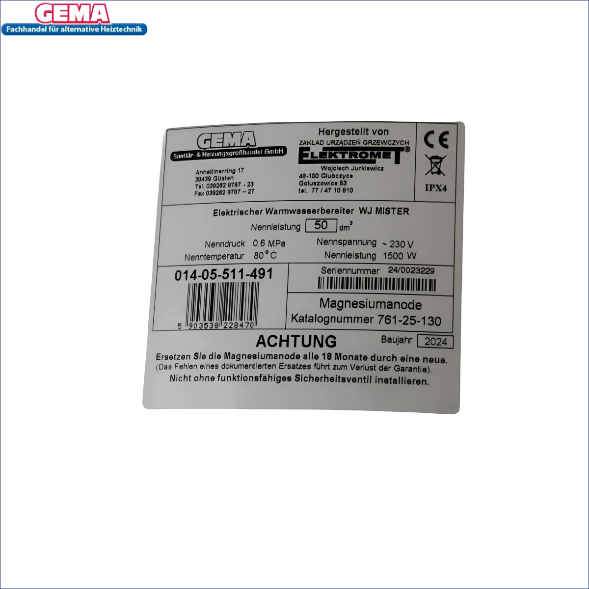 Appliance specification label of Elektrospeicher Warmwasserspeicher Boiler Elektroboiler für elektro hängespeicher brauchwasserspeicher