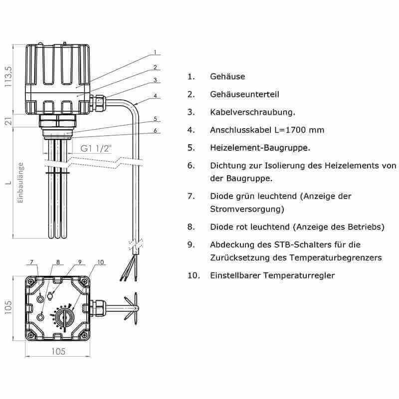Elektro šildymo strypas su reguliatoriumi ir termostatu 4,5 kW - GEMA parduotuvė