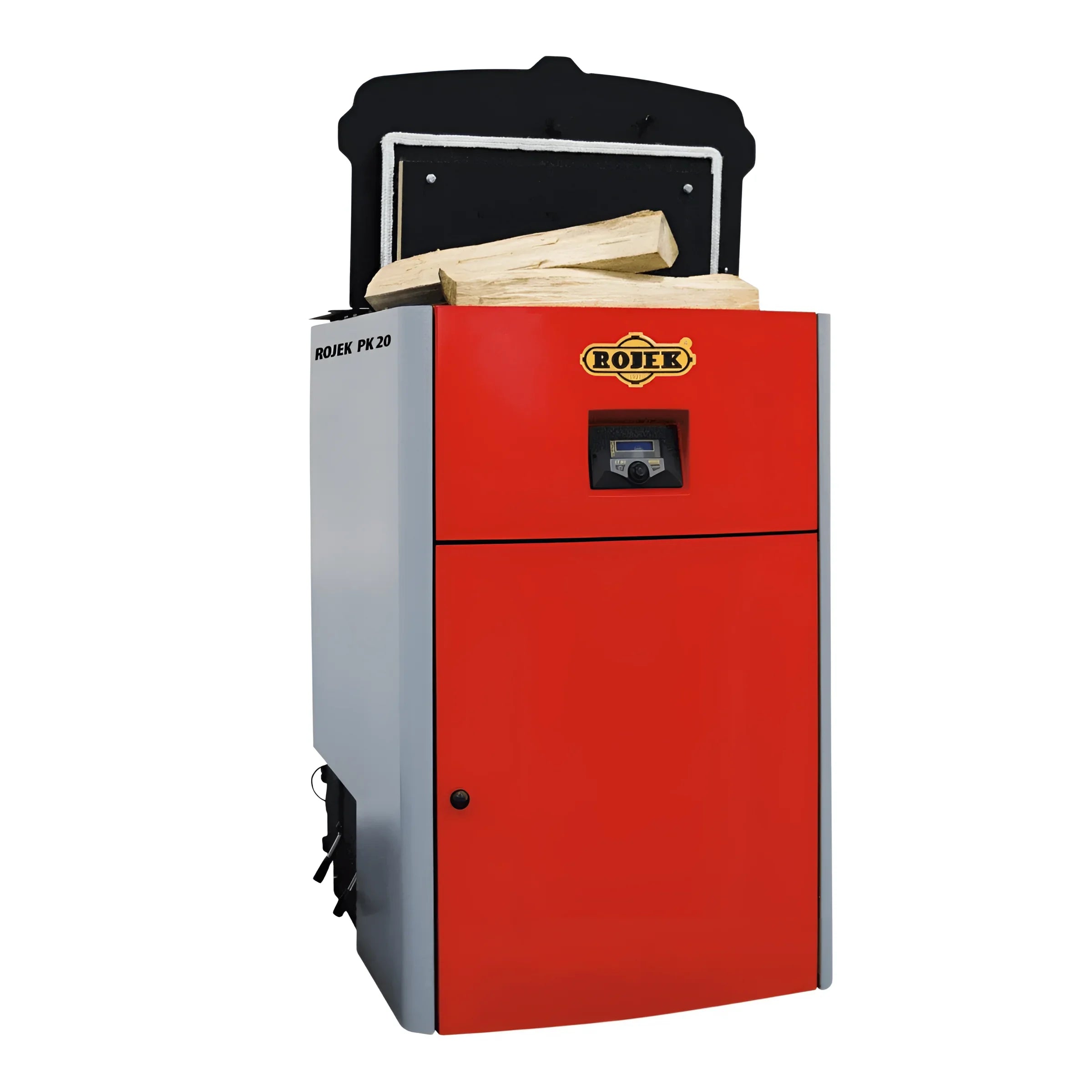 Rote und graue Holzvergaser ROJEK PK BIO 40 kW für automatischen Betrieb