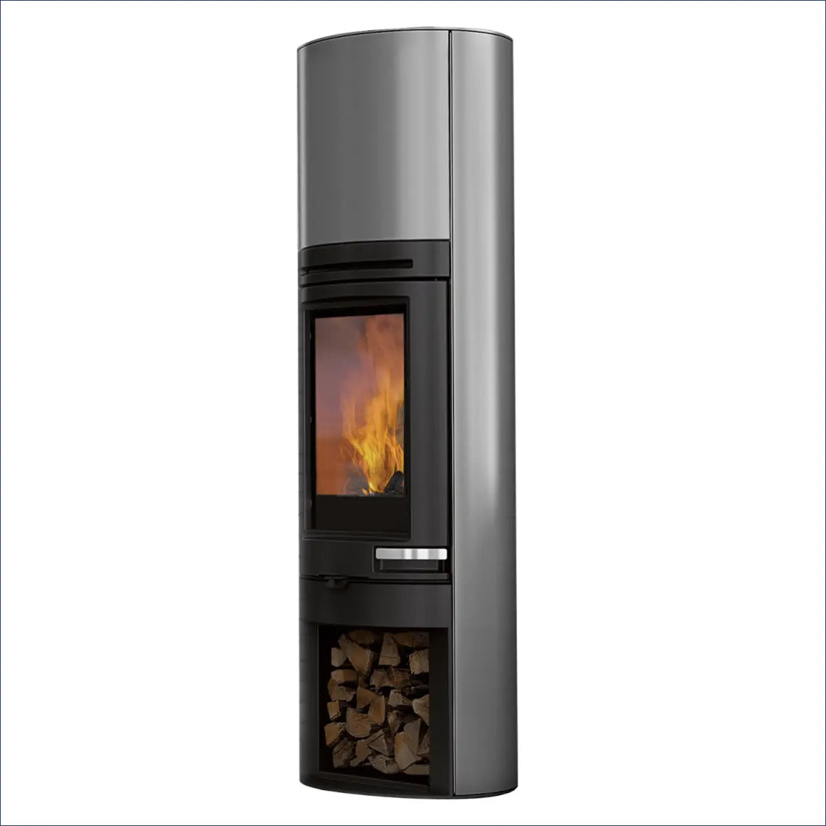 Modischer grauer Holzofen mit sichtbaren Flammen und Holzlager für Edilkamin Tally S Evo