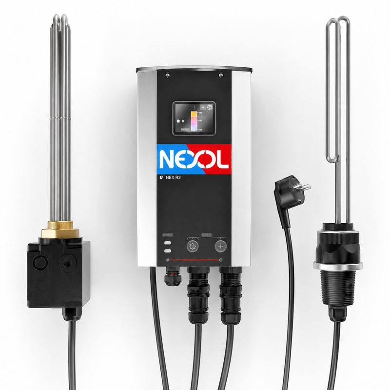 GEMA Shop Nexol NEX R2 PV-Heizstab-Set mit Energy Controller, zwei Heizstäben und Touch-Display zur Warmwasserbereitung.