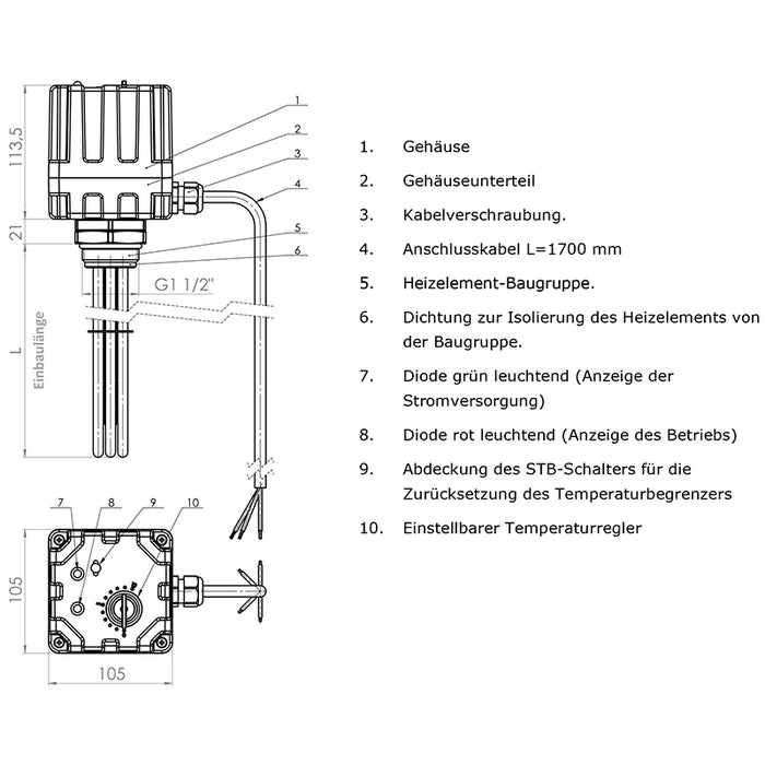 Elektroheizstab mit Regler und Thermostat 6,0 kW