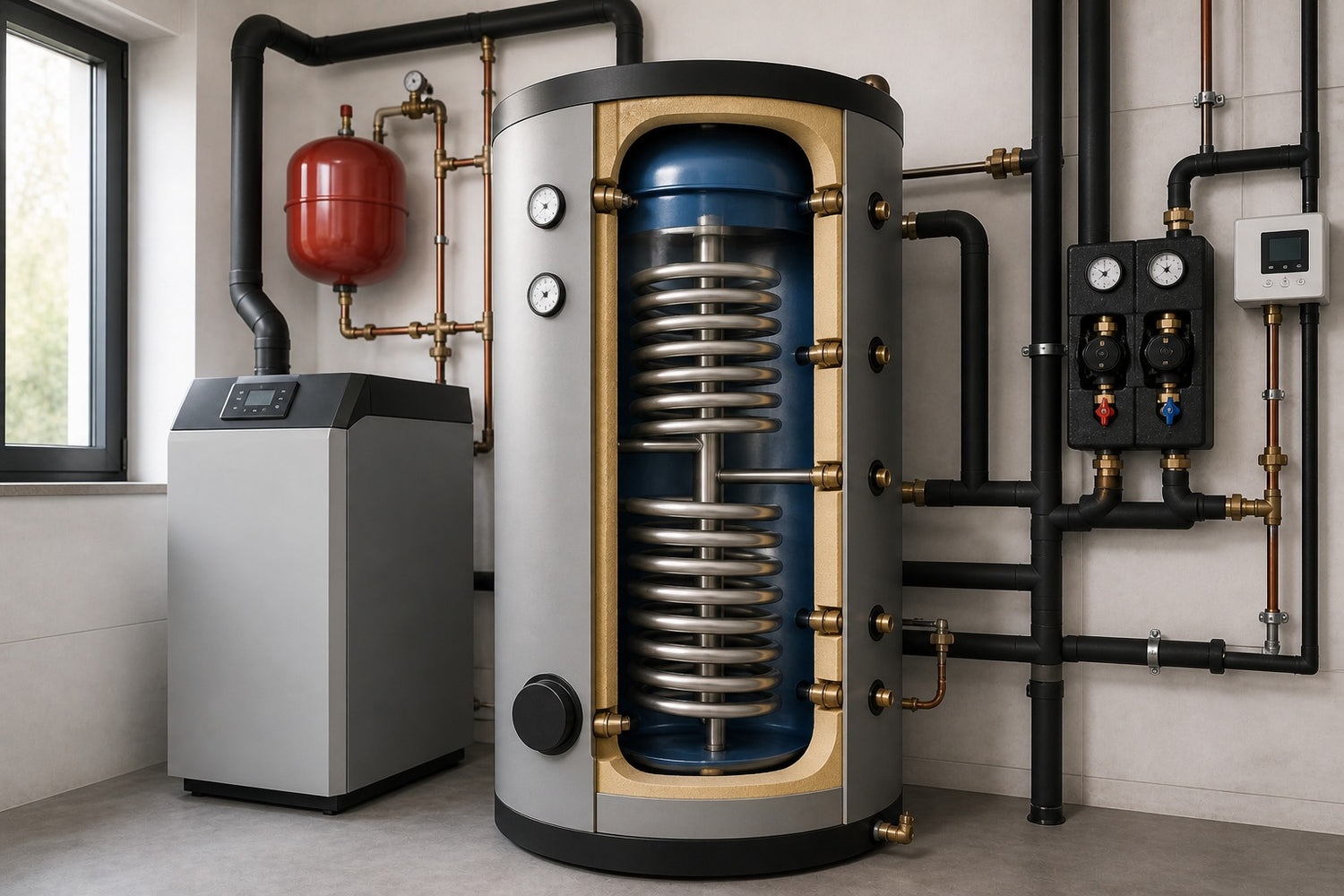Hygienespeicher mit Wärmetauscher, Rohrinstallation und Heiztechnik im modernen Heizraum