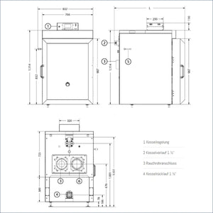 Technische Zeichnung eines Boilers mit Maßen für IBC Holzvergaserkessel GK-7k-Öko