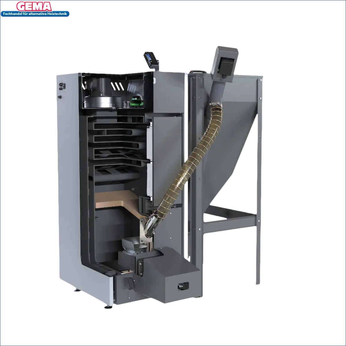 Grauer Pelletkessel NEXTPELL+ 16 kW mit Hoper für effiziente Heizleistung
