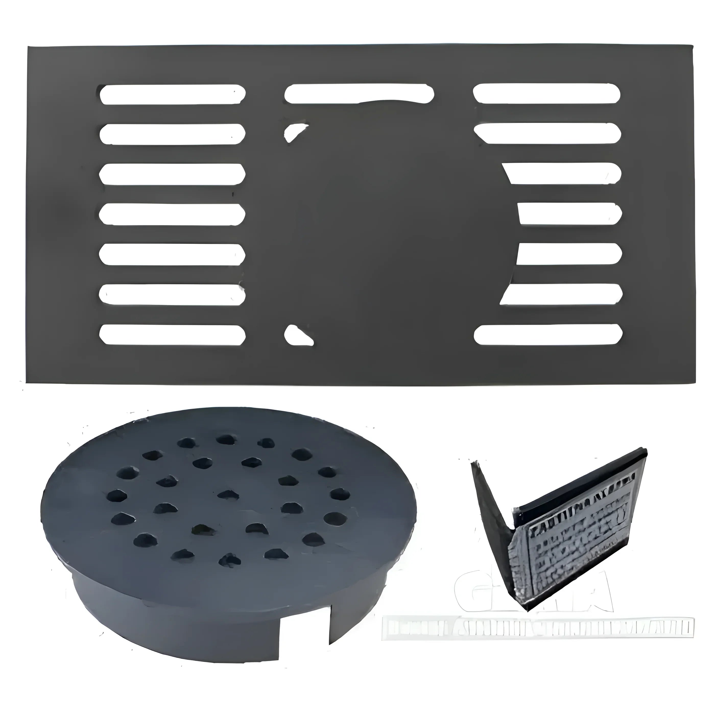 Graues Abflussgitter-Set mit Bodenablauf und Seitenansicht, ideal für Badezimmer oder Küchen. 🚿🛁