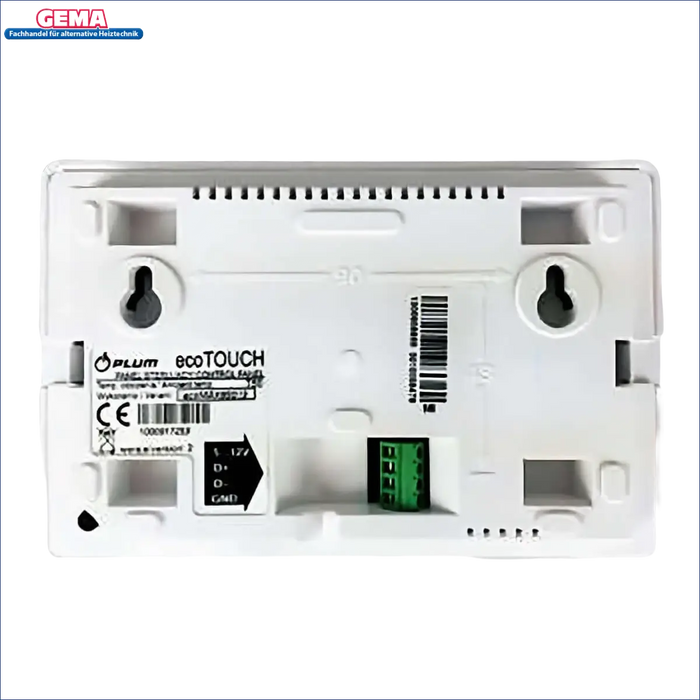 Weiße wandmontierte Steuerungsleiste mit grünem Anschlussblock für PLUM ecoTouch Raumthermostat