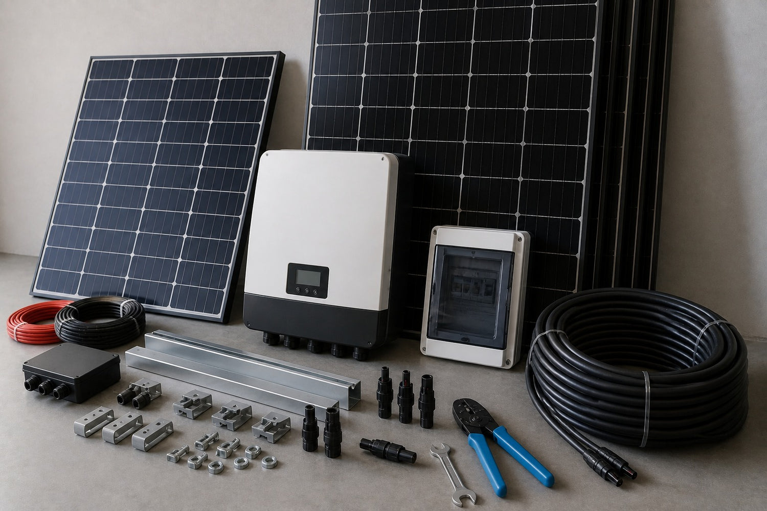 PV-modul med växelriktare, kablar och monteringsmaterial i ett modernt teknikrum