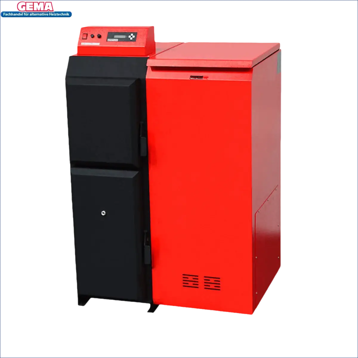 Rotes und schwarzes Heizgerät Thermoflux Pelling 25/75 mit Pufferspeicher