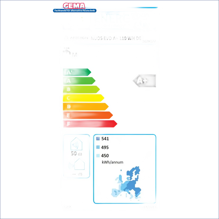Energieeffizienzlabel für den Warmwasser Wärmepumpe-Warmwasserspeicher Ariston NUOS