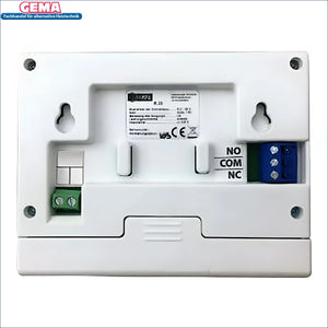 Weiße elektronische Steuerbox mit Anschlüssen für Zimmerregler Master und Wochensteuerung